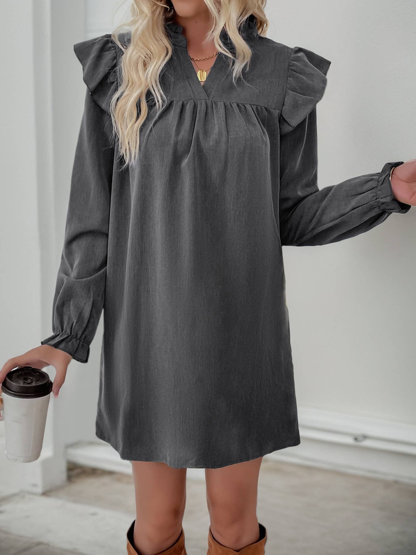 Solid-Color Ruffled Loose Stand-Up Collar Dress