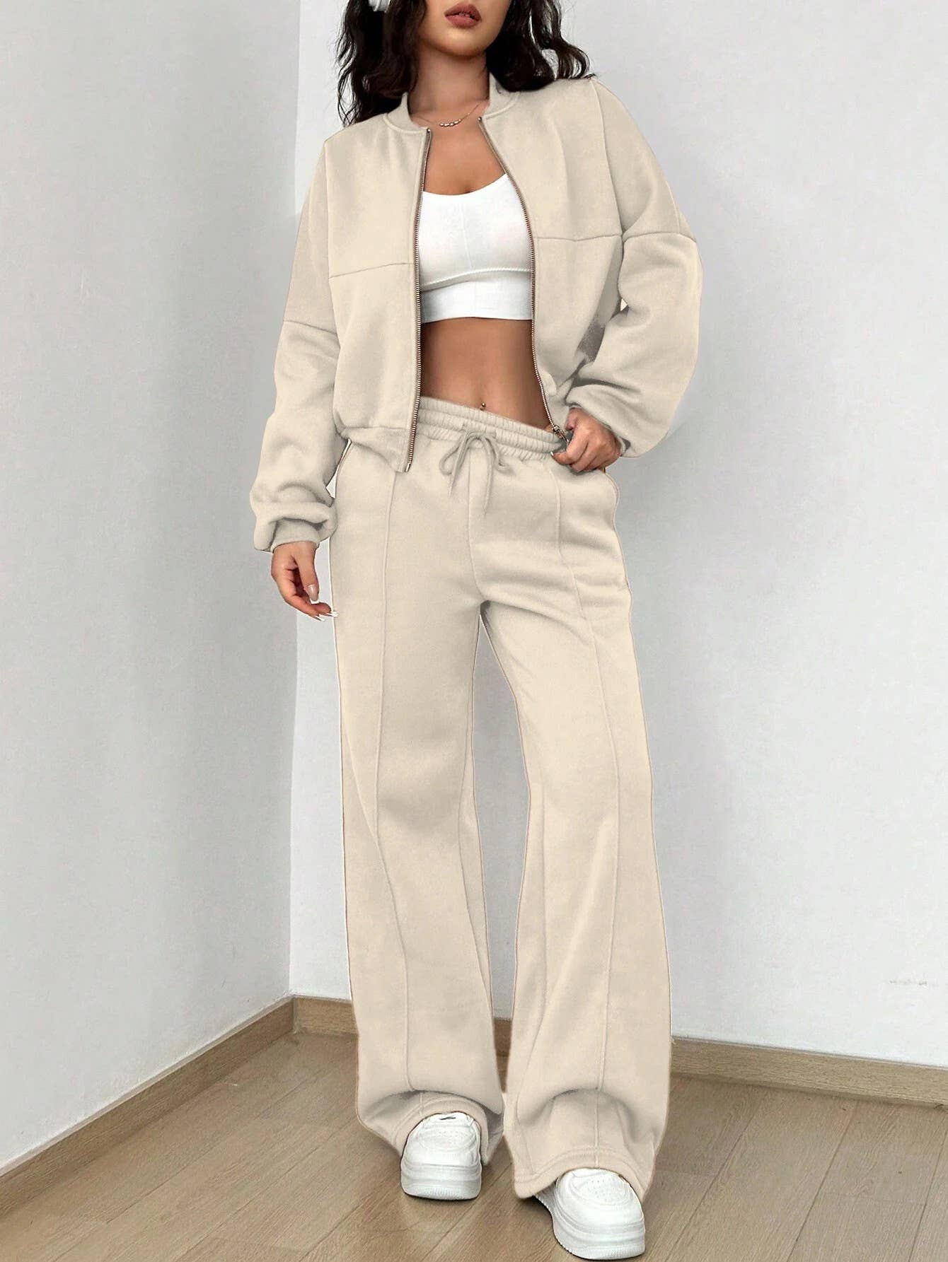 Two-Piece Set Of Zippered Cardigan And Trousers