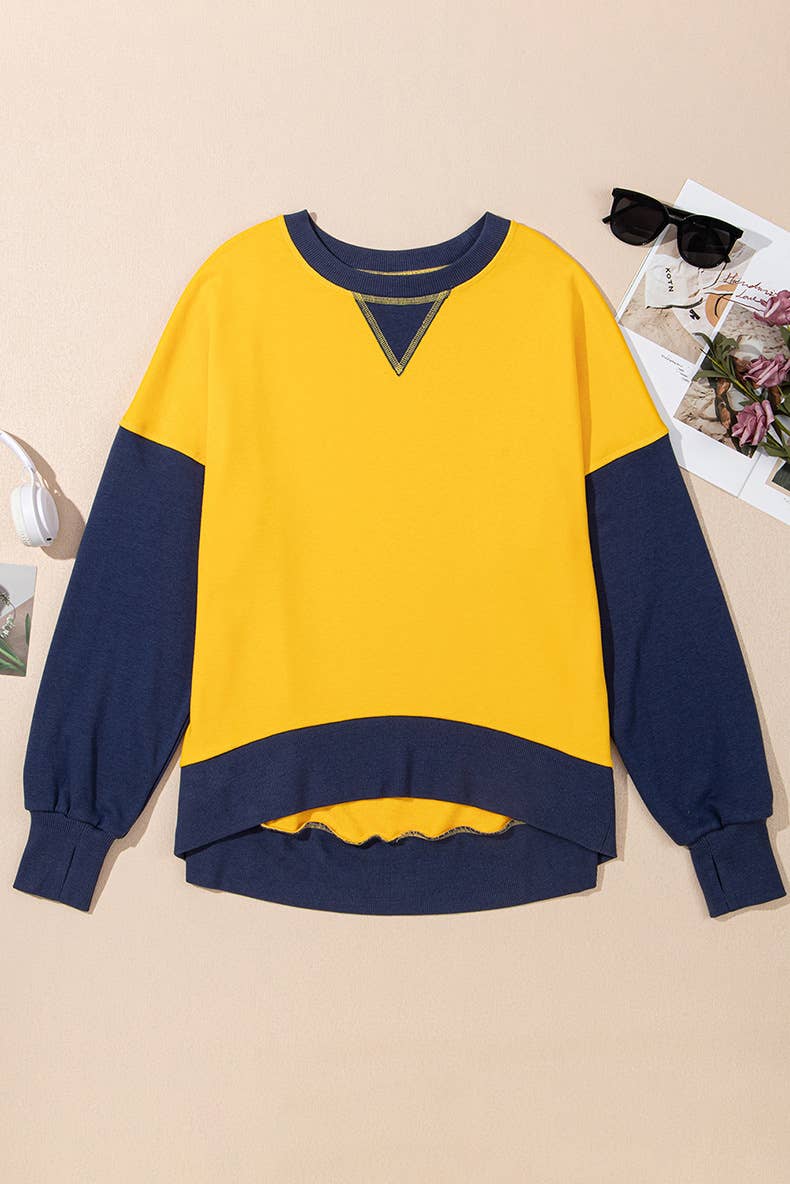 Two-Tone Round-Neck Loose Pullover Hoodie