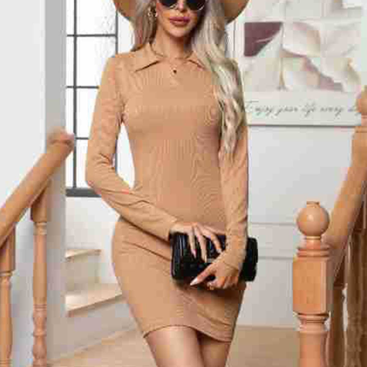 Striped Long-Sleeved Dress With Hip Base Wrap