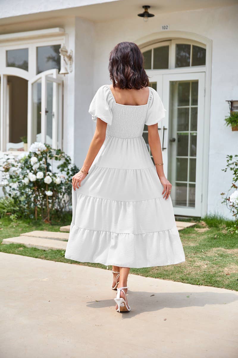 Square Neck Backless Puffy Sleeve Pleated Dress