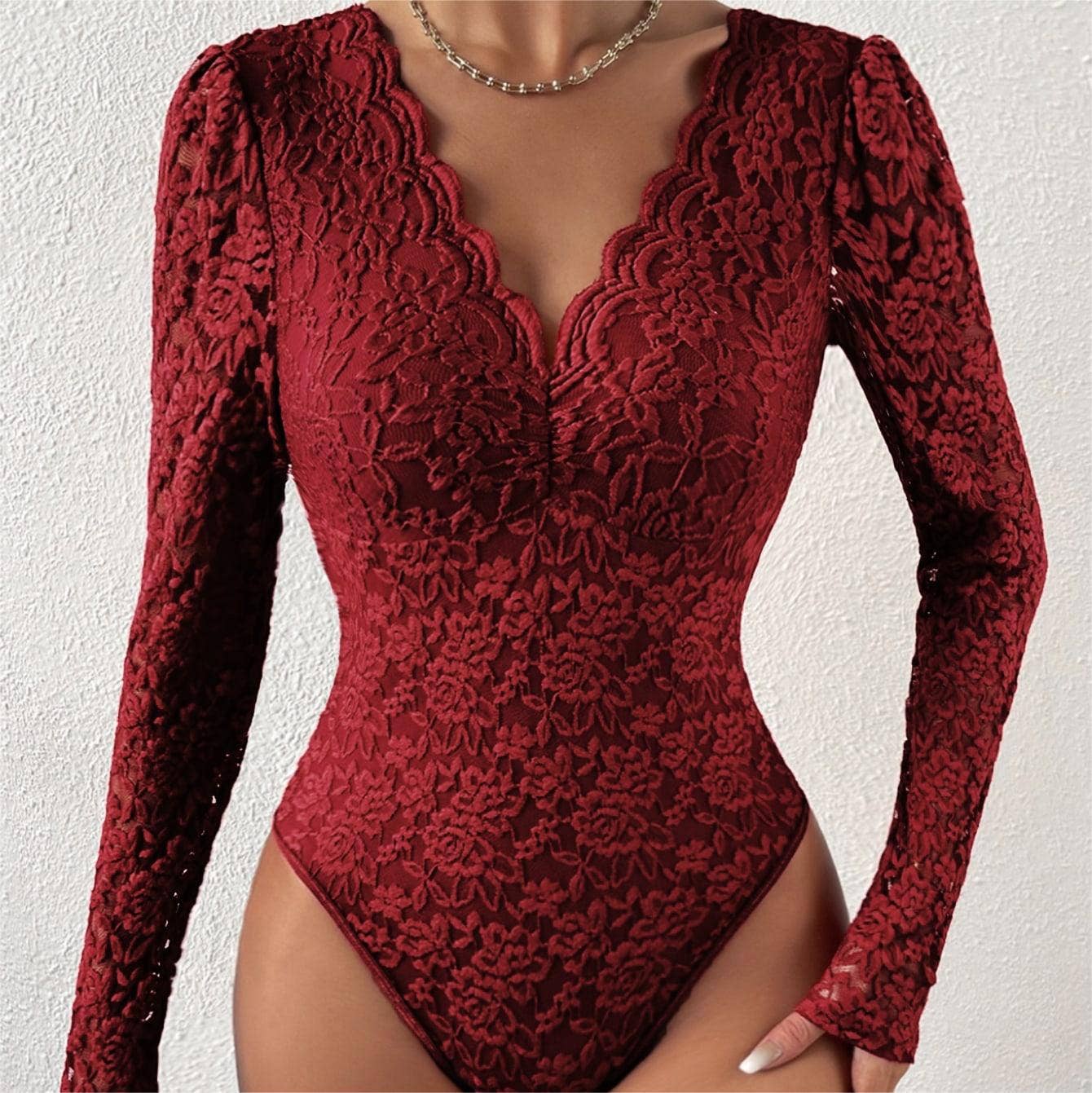 SOLID COLOR LACE LONG SLEEVE HOT GIRL SLIM BODYSUIT_CWMM4627