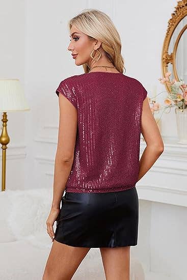 Womens Sequin V-Neck Fitted Raglan Sleeve Top