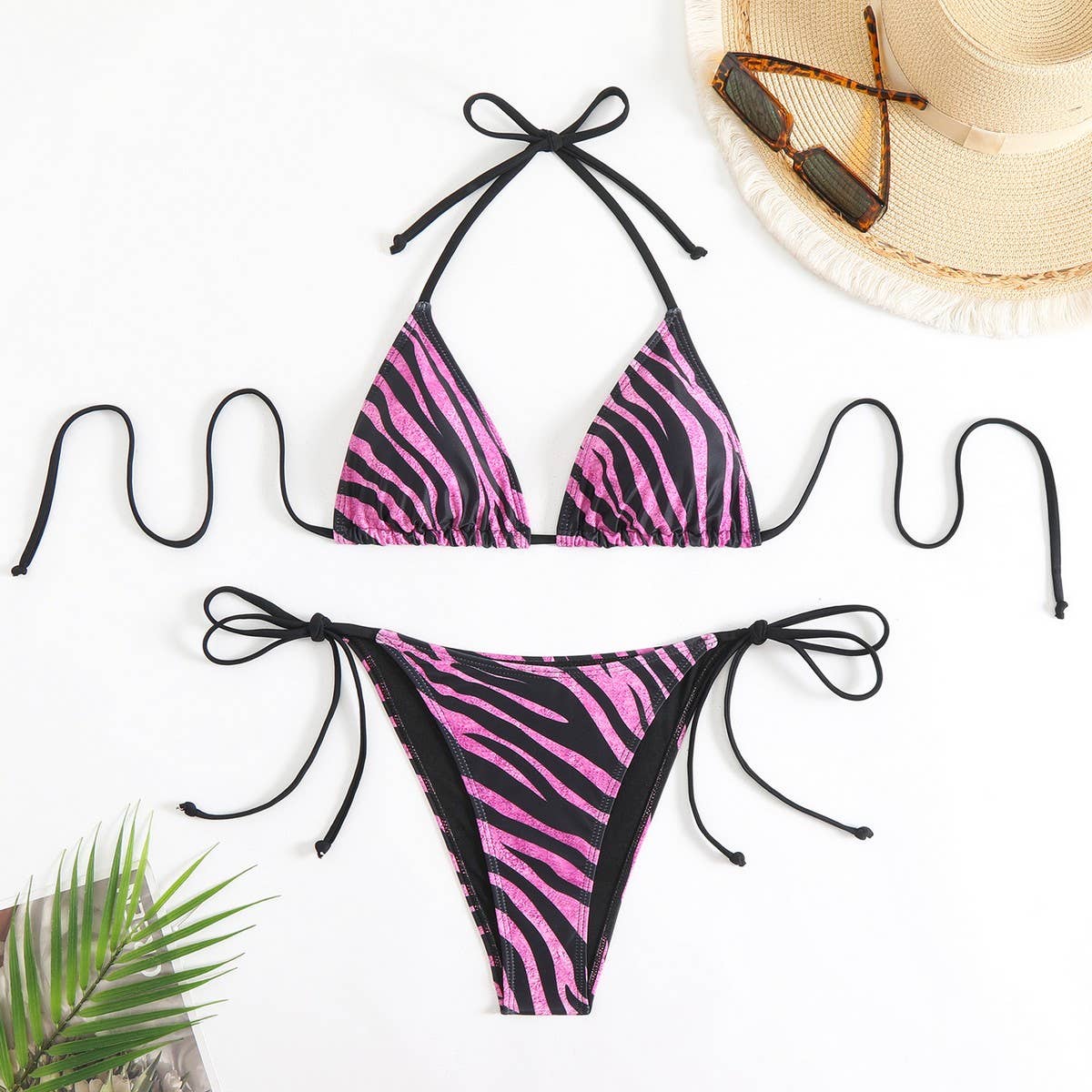 Zebra Print Bikini Set - Halter Tie Swimsuit_Cwmw0911