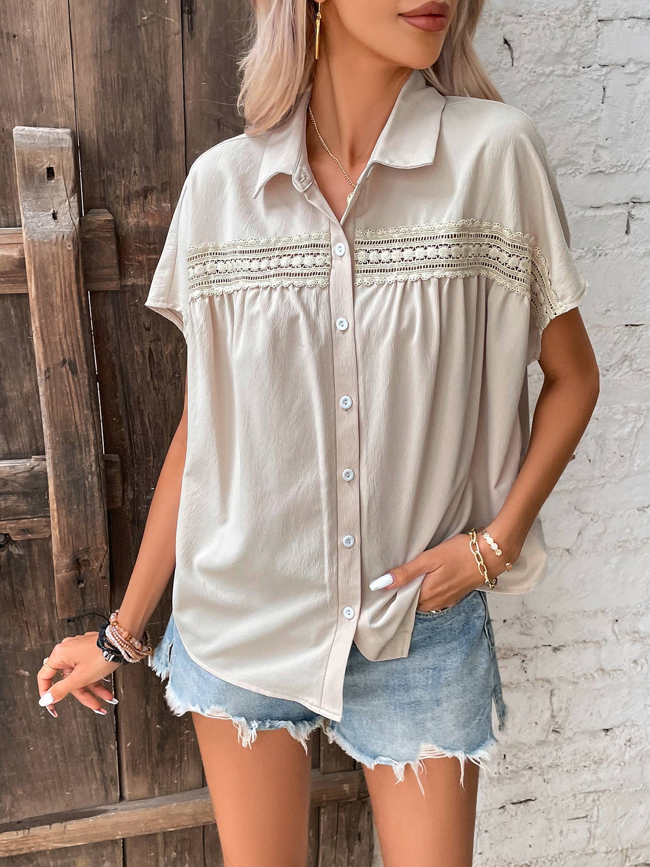 V-Neck Button-Up Solid-Color Lace Cutout Shirt