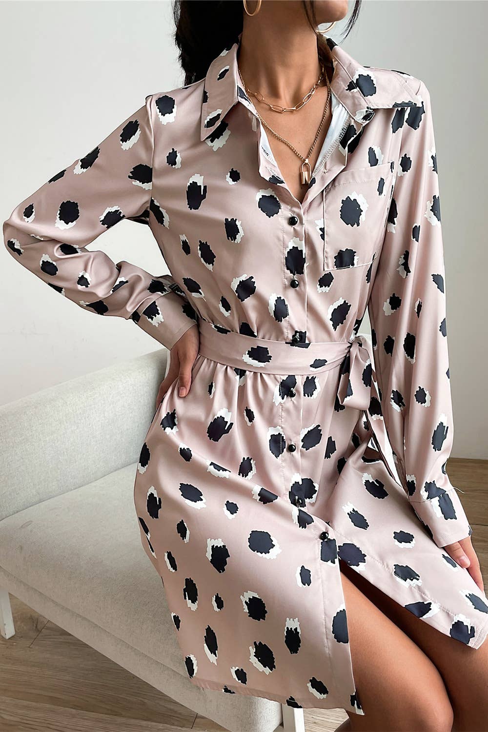 Stylish Breasted Long-Sleeved Pocket Dress