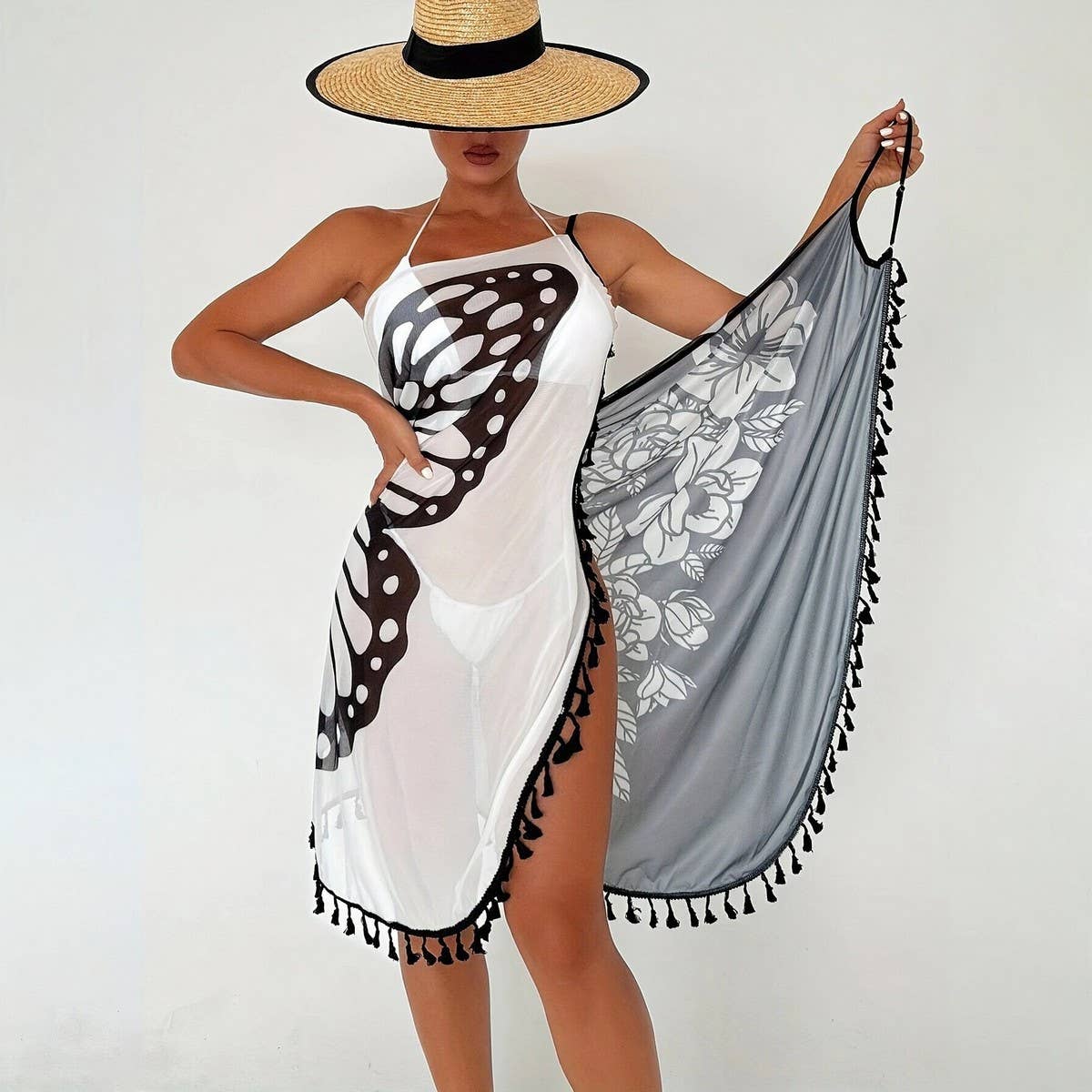 BEACH WRAP SKIRT WITH BUTTERFLY PRINT COLOR BLOCK_CWBLS0463