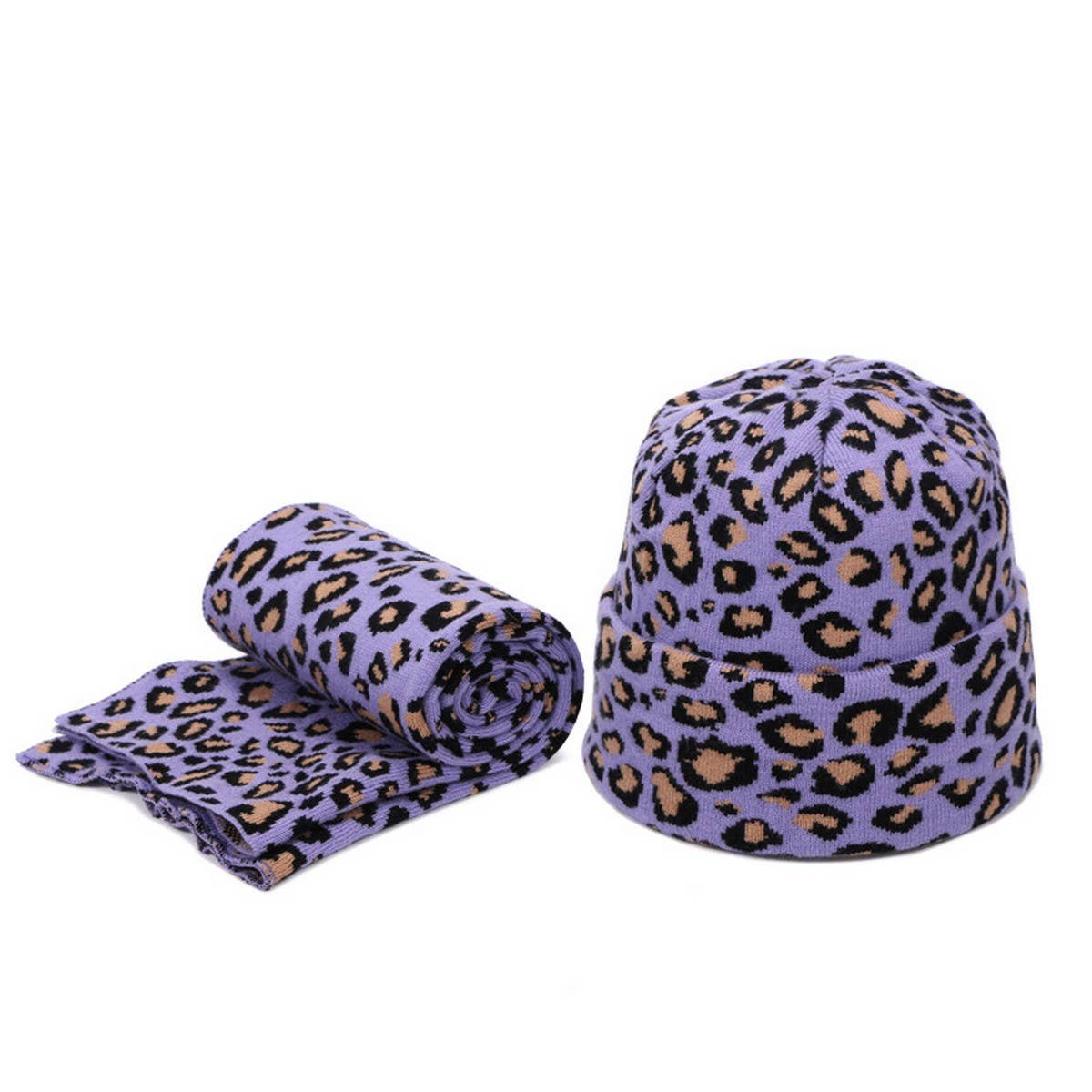 Leopard Knit Beanie With Pom & Scarf Set_Cwah04988