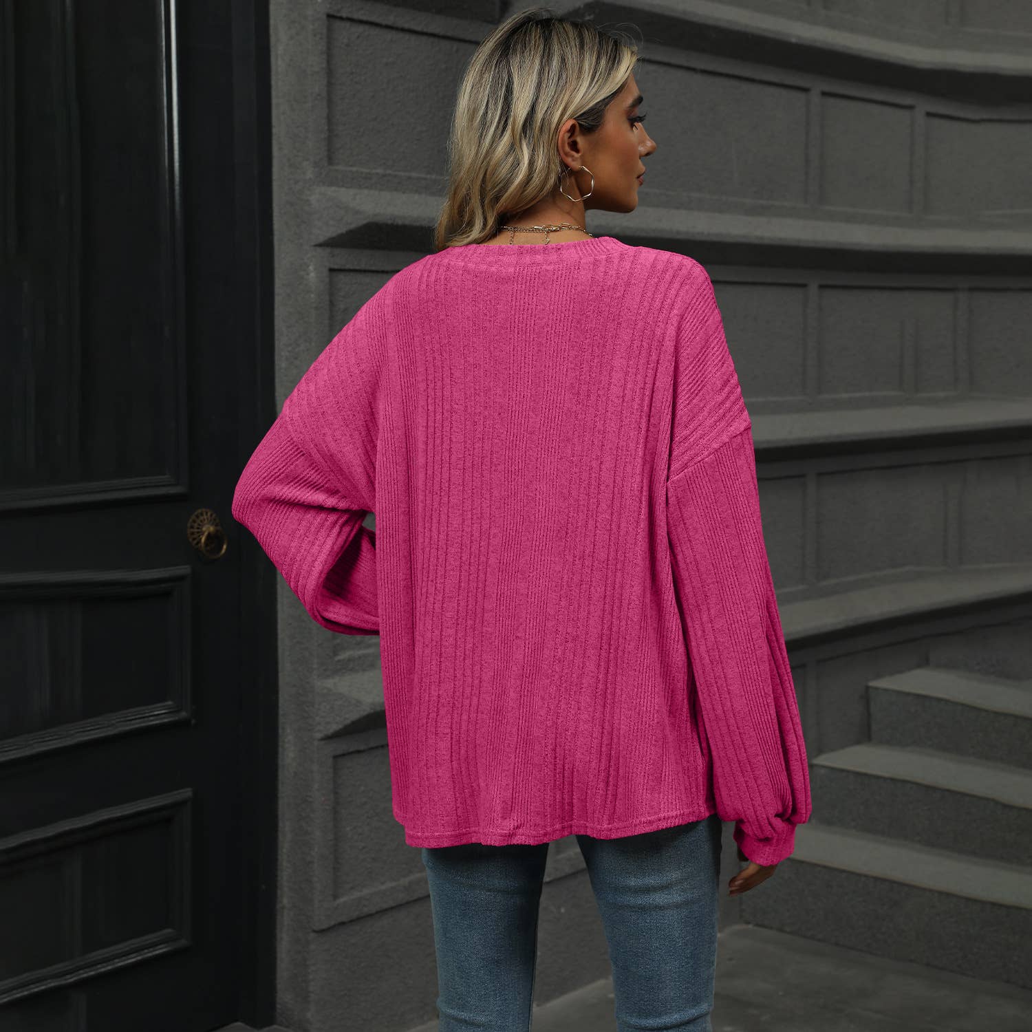 Solid Color V-Neck Baggy Pit Strip Shirt