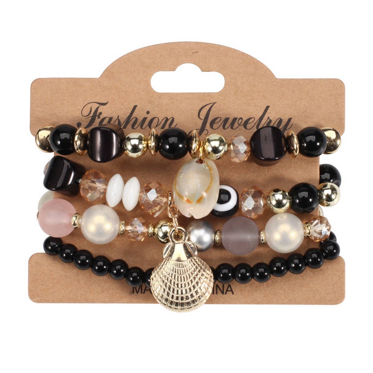 Cwaje05692_Boho Shell Pearl Elastic Evil Eye Bracelet