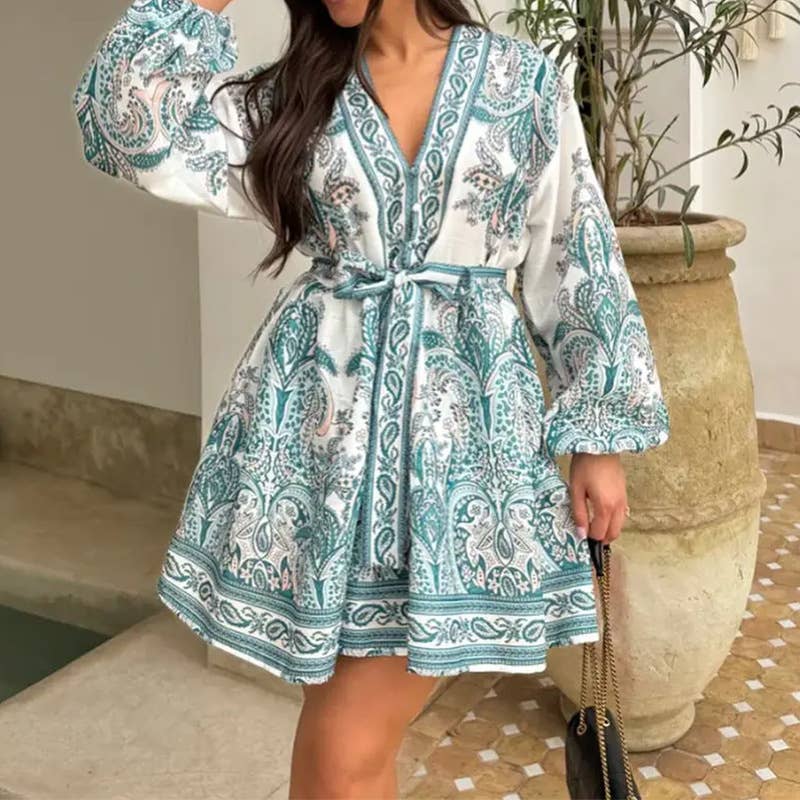 Vintage Chinese Lantern Sleeve Floral Mini Dress