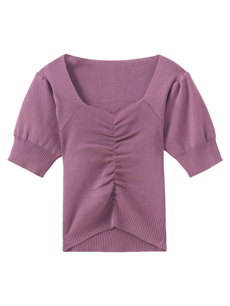 Vintage V-Neck Puffy Sleeve Knit Base T-Shirt