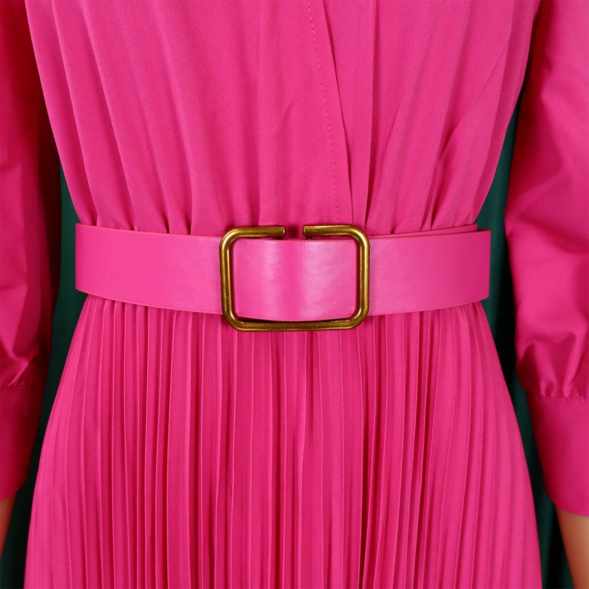 ELEGANT LAPEL SOLID COLOR WIDE HEM PLEATED DRESS_CWDMD3661