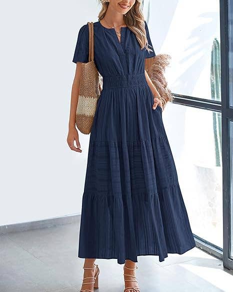 V-Neck Pleated Puffy Sleeve Short Sleeved Dress