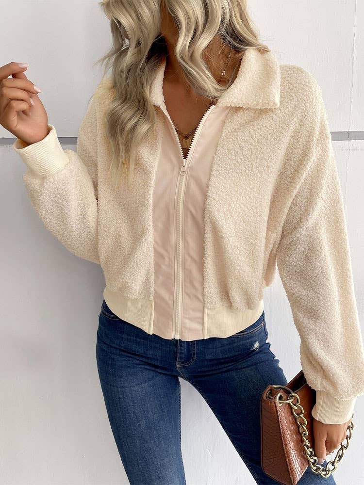 Solid-Color Polar Fleece Lapel Zipper Jacket