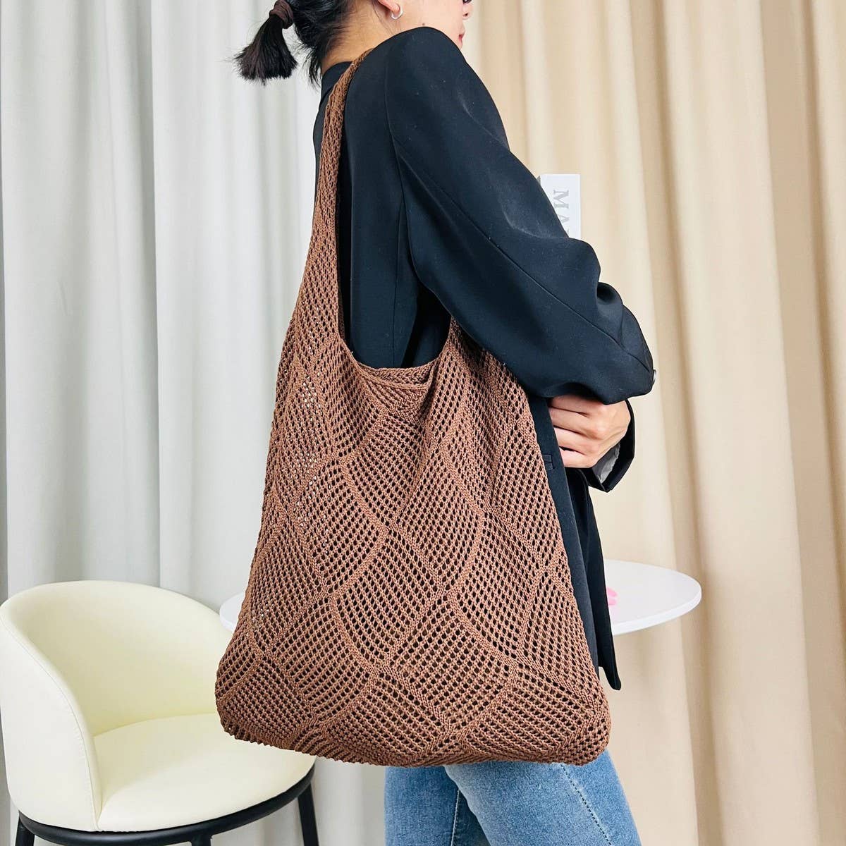 Cwab4575_Solid Knit Hollow Woven Shoulder Tote Bag