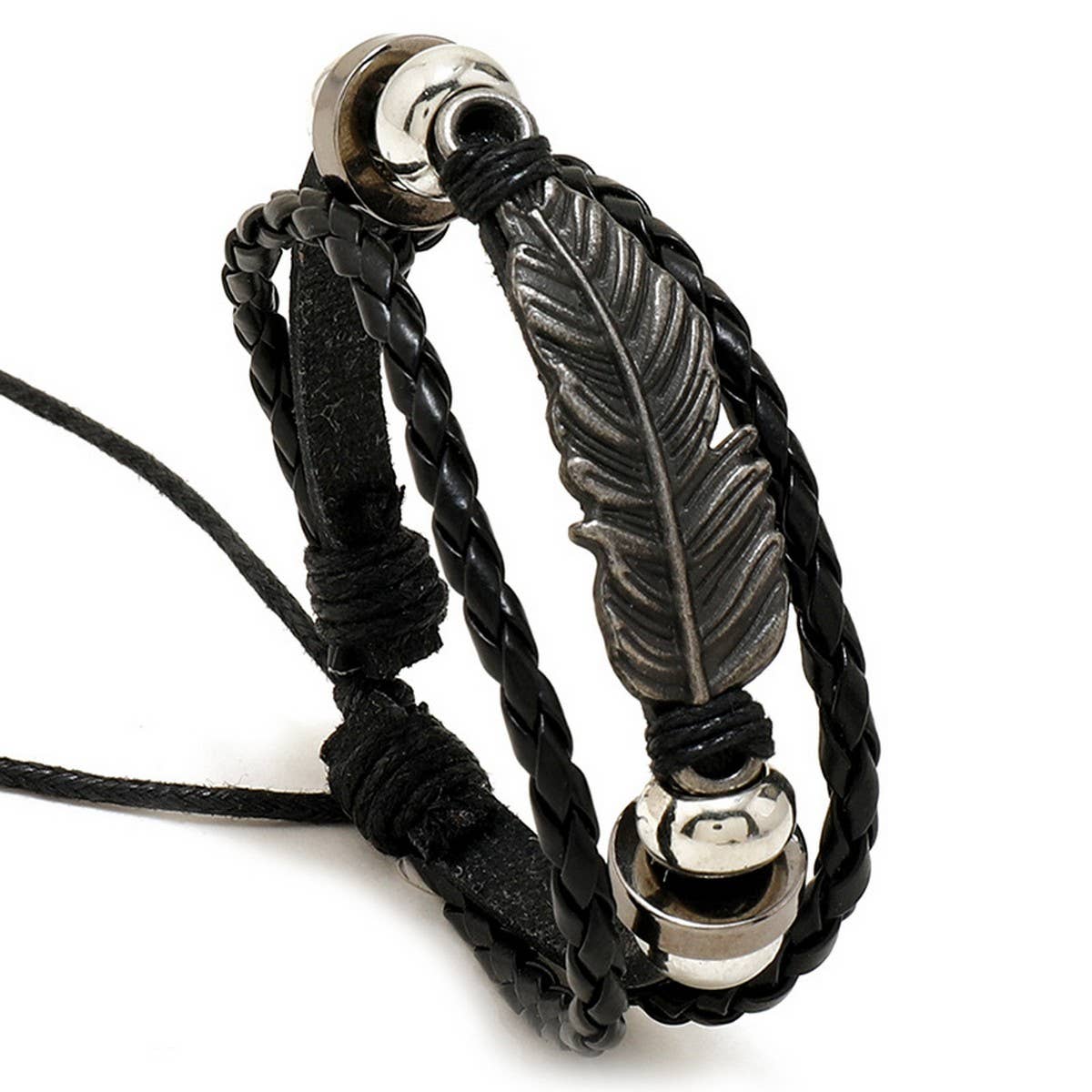 SIMPLE ALLOY FEATHER BEADED LEATHER BRACELET_CWMM4520