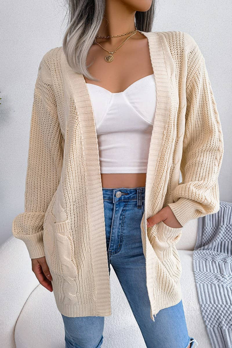 Women Chunky Cable Knit Open Front Midi Cardigan_Cwocal0310