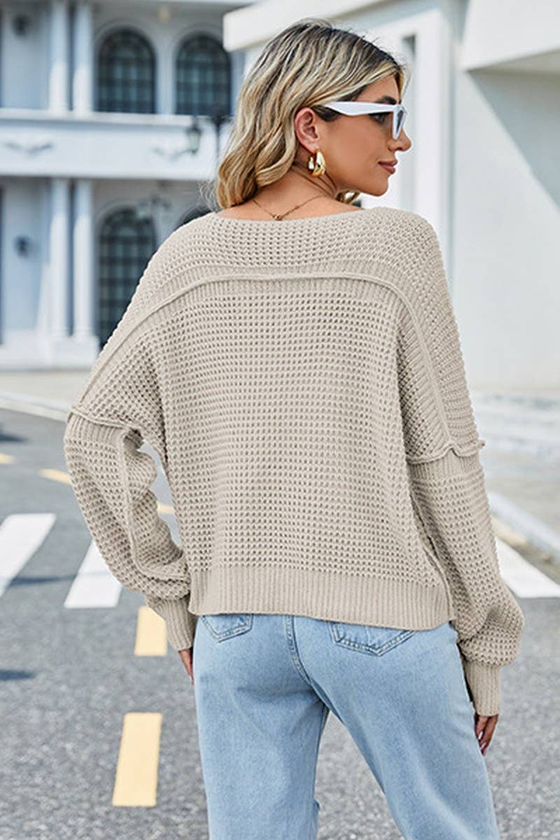 V Neck Solid Off Shoulder Knit Pullover_Cwoswl2047