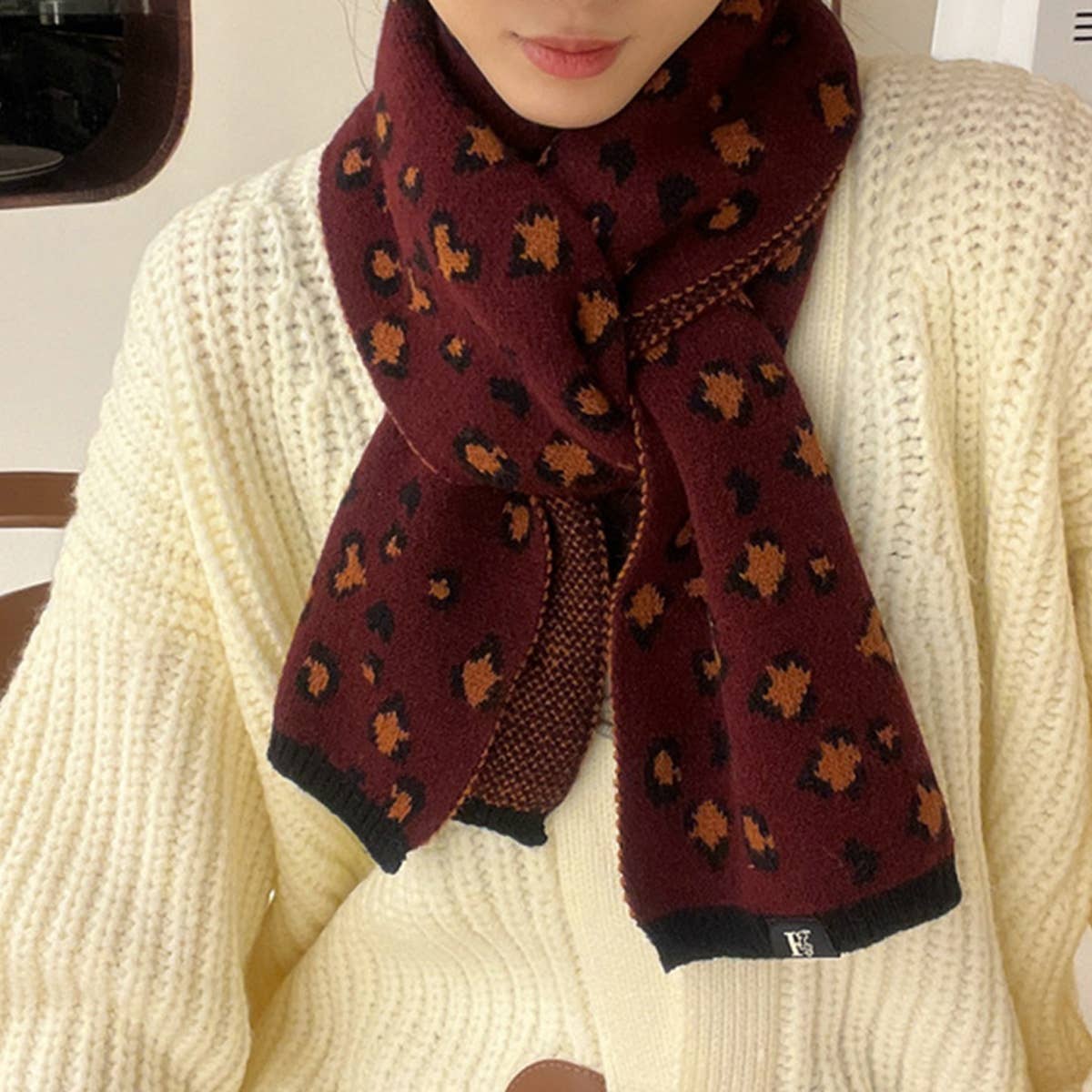 BEIGE LEOPARD FAUX CASHMERE SCARF FOR FALL WINTER_CWASC1258