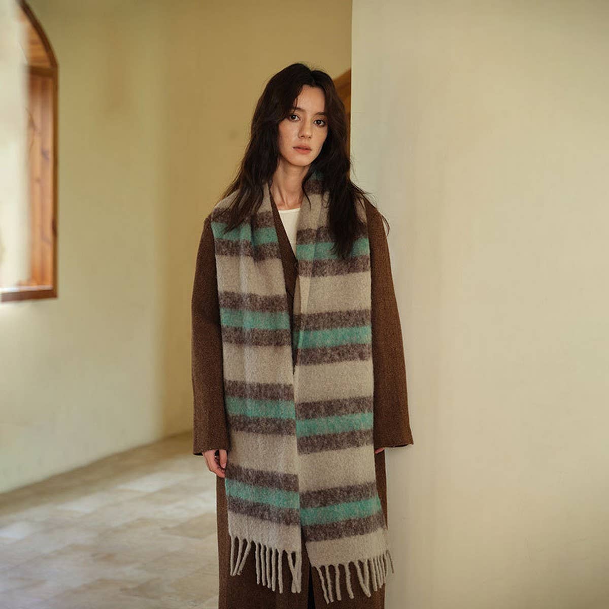 Wool Blend Stripe Scarfsoft Narrow Winter Wrap_Cwasc2356