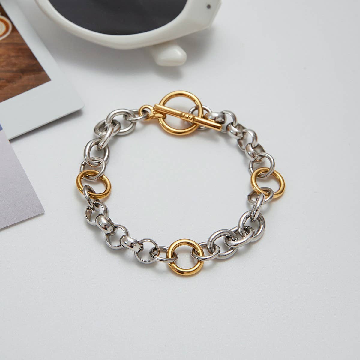LUXURY 18K GOLD WIDE TWO TONE CHAIN BRACELET_CWAJE4836