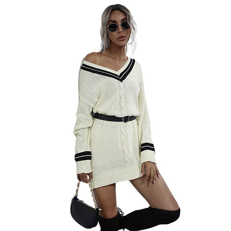 Style Pullover V-Neck Mid-Length Sweater Dress