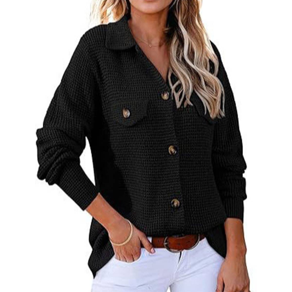 Waffle Knit Jacket Casual Button-Down Shirt