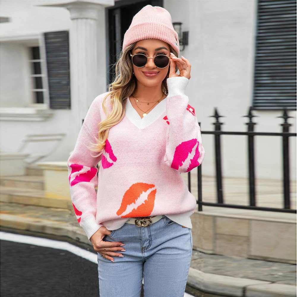 Valentines Day Sweater V-Neck Knit Jumper