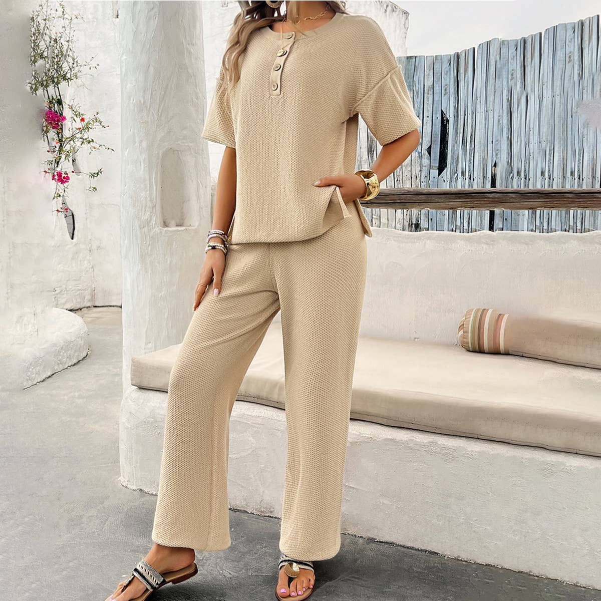 Solid Color Knit Short Sleeve Top And Pants Suit_Cwstb0513