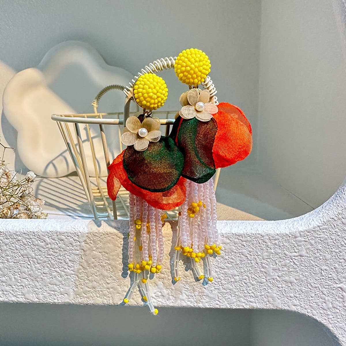 BOHO LONG TASSEL EARRINGS HANDMADE FABRIC FLOWERS_CWMM6165