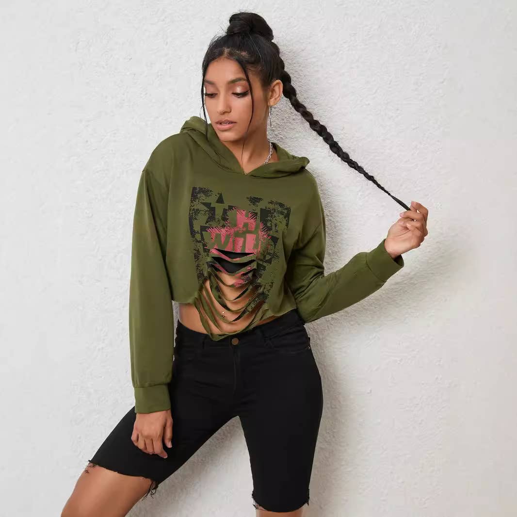 Solid Color Crop Hoodie Streetwear With Sleeves