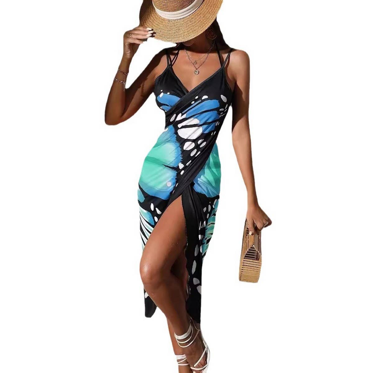 3D BUTTERFLY PRINT BEACH DRESS SLING RESORT STYLE_CWBLS0459