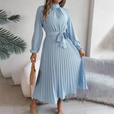 Standing Collar Long Sleeve Pleated Long Dress