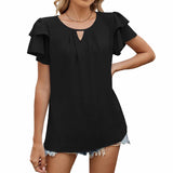 V-Neck Cutout Double-Sleeved Chiffon T-Shirt