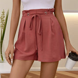 Solid-Colored High-Waisted Ruffled Loose Shorts