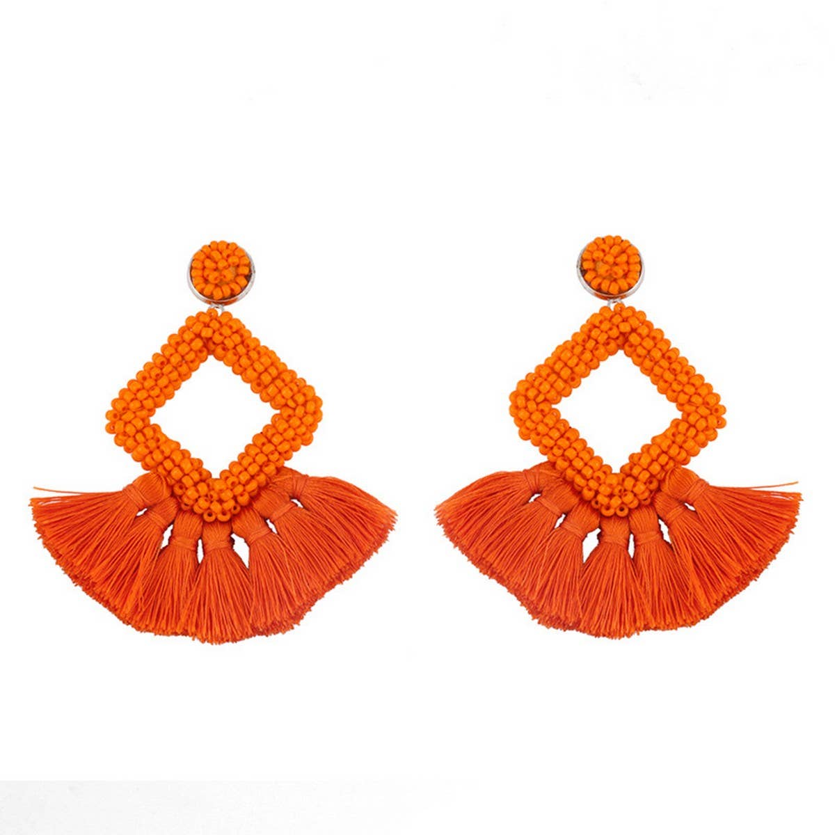 GEOMETRIC DIAMOND SHAPED RICE BEAD TASSEL EARRINGS_CWAJE1043