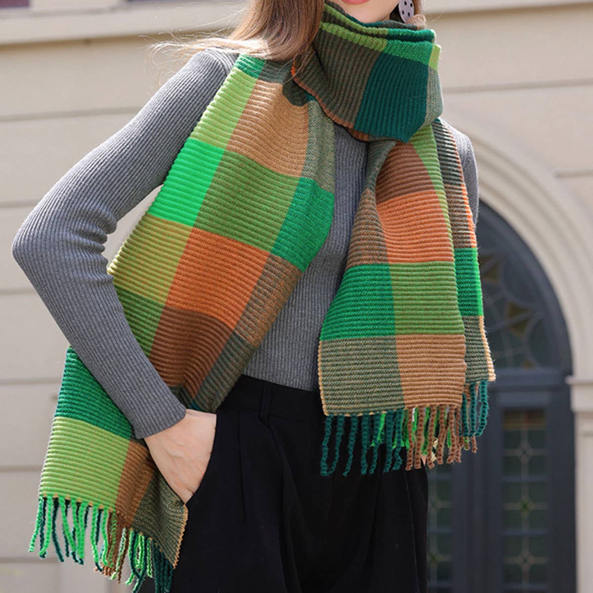 CRINKLE PLAID WINTER SCARF UNISEX SOFT WRAP_CWASC0195