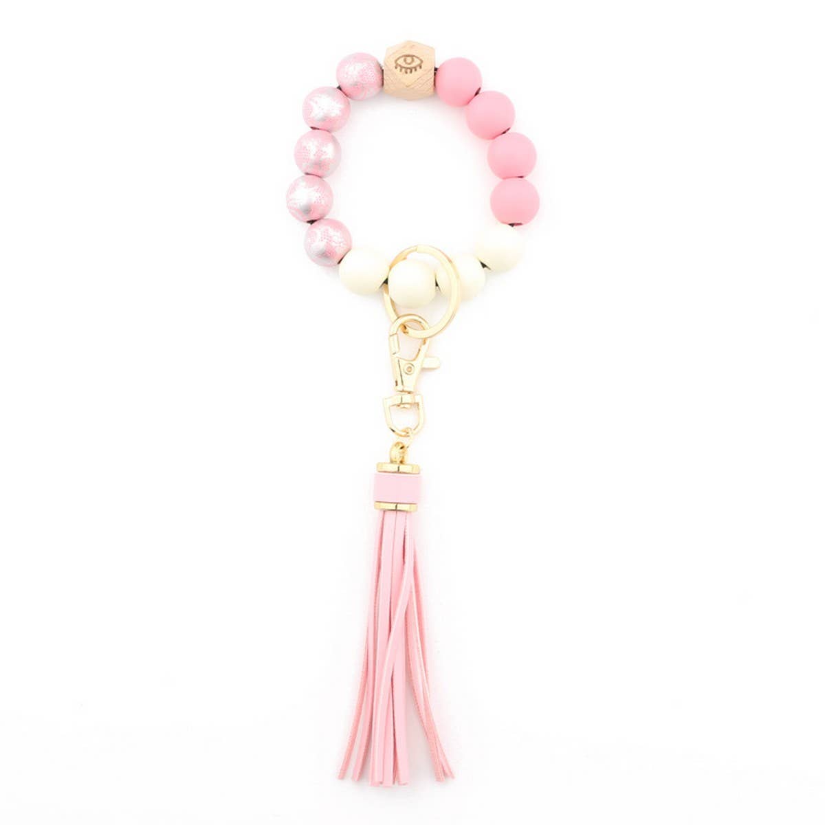 PRINTED WOOD BEAD BRACELET KEYCHAIN WITH TASSEL_CWMM7025