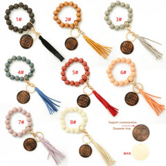 LEOPARD PATTERN WOODEN BEAD BRACELET KEYCHAIN_CWAJE0668