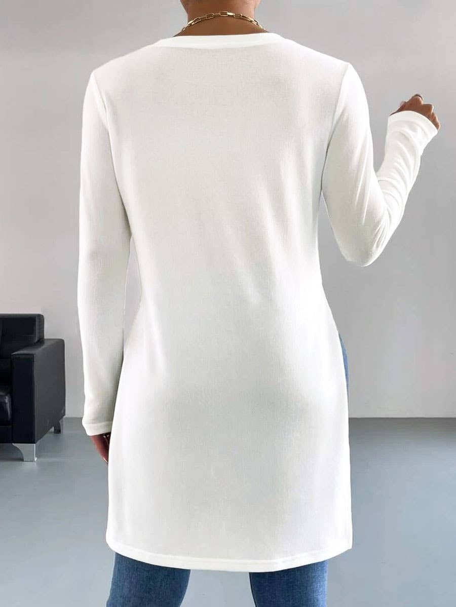 Solid Color Crew Neck Shirt With Split Sides Hem