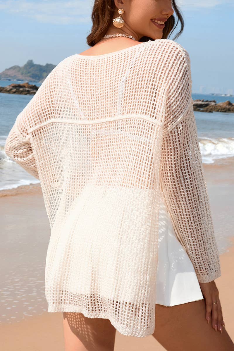 Solid Long Sleeve Slit Knitted Cover Ups_Cwtstl1071