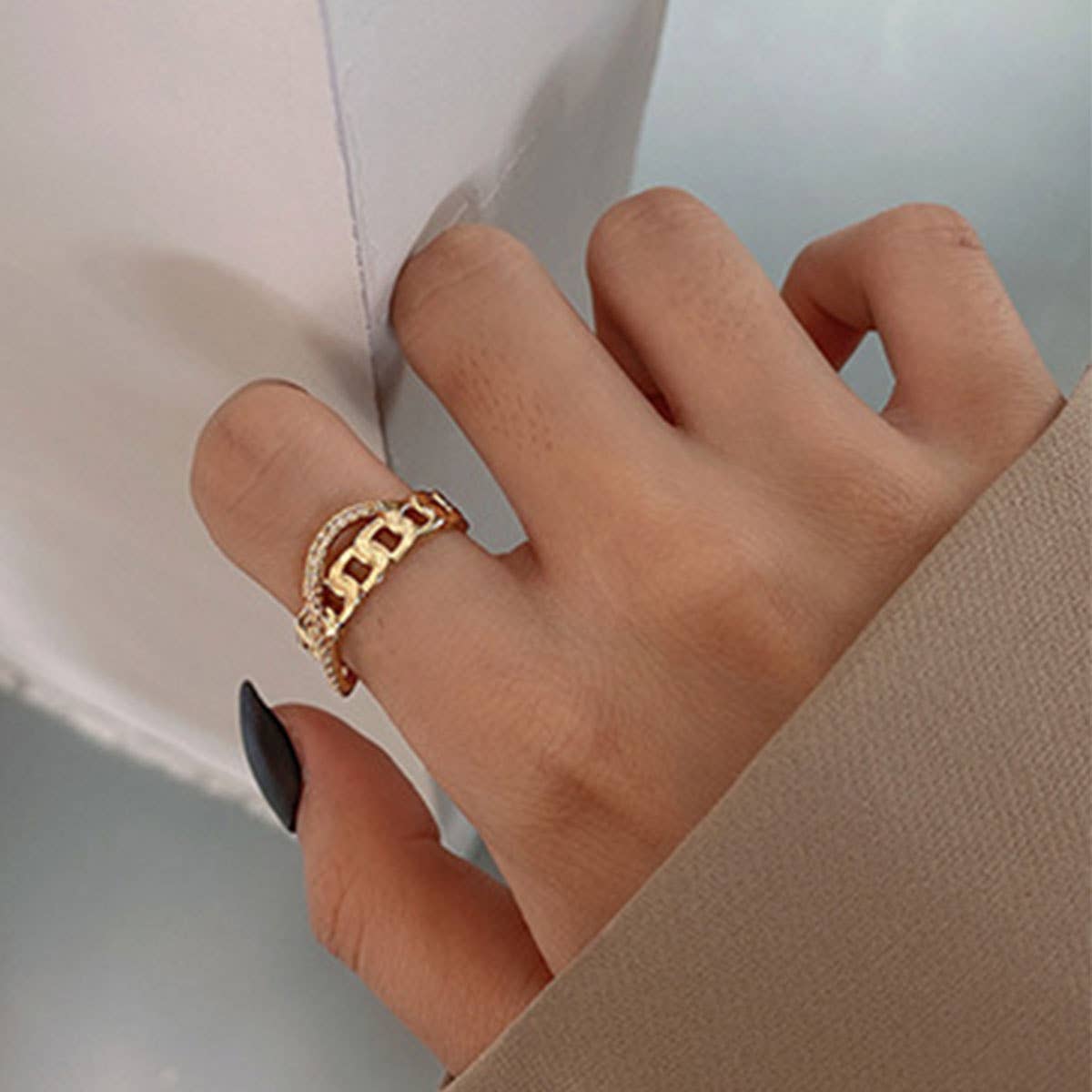 Simple Pearl Zircon Cold Style Opening Ring