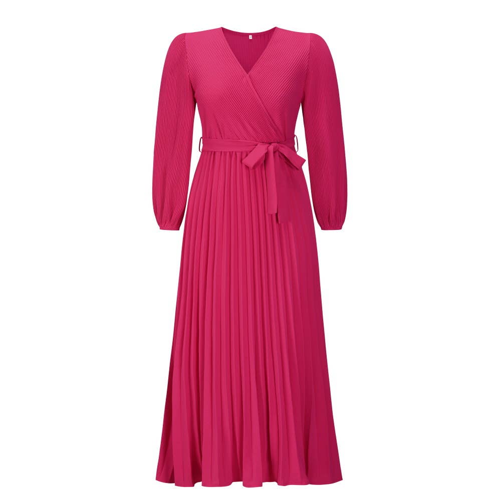 V Neck Long Sleeve Pleated Belted Midi Dress