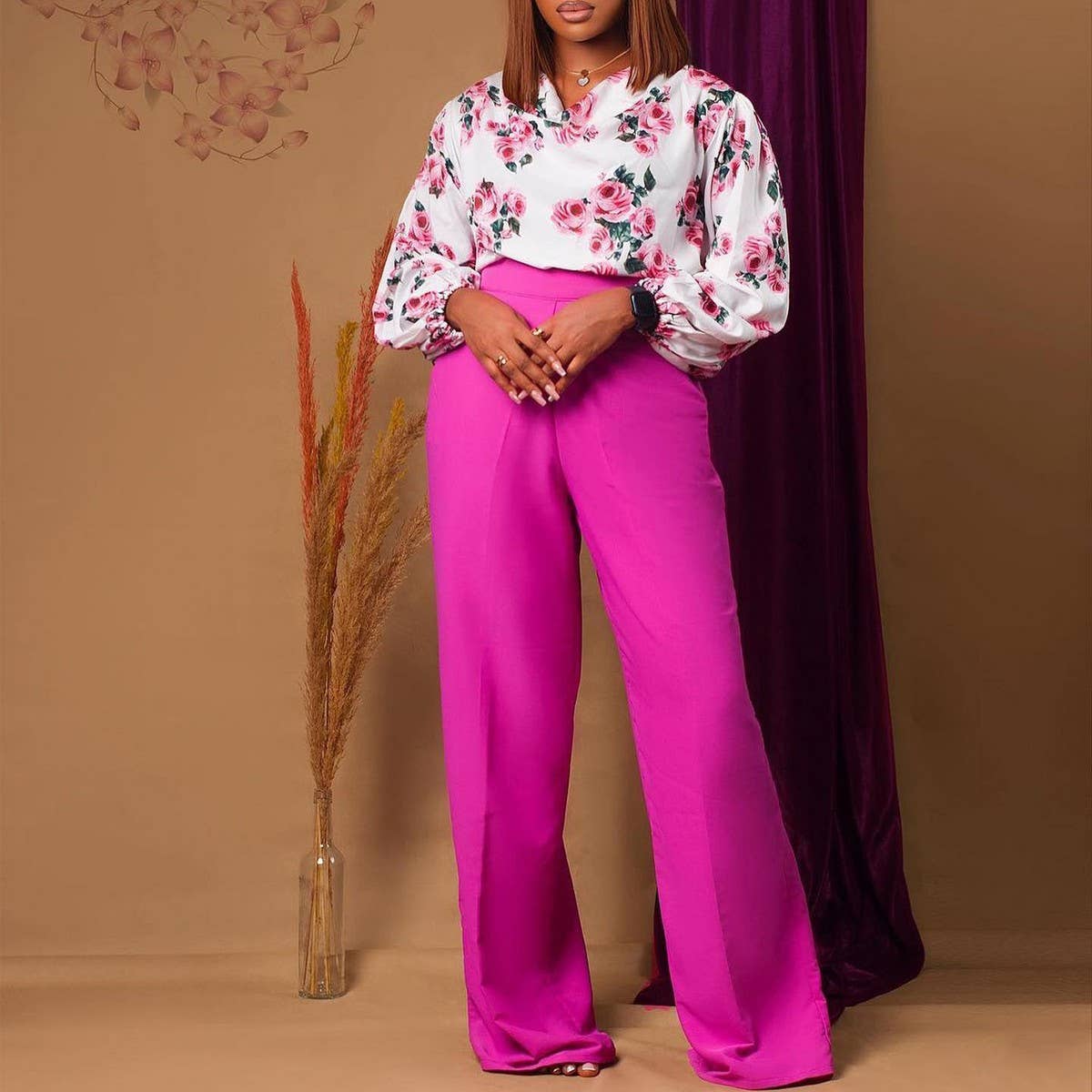 PRINTED TIE TOP AND WIDE LEG PANTS TWO PIECE SET_CWSTB1140