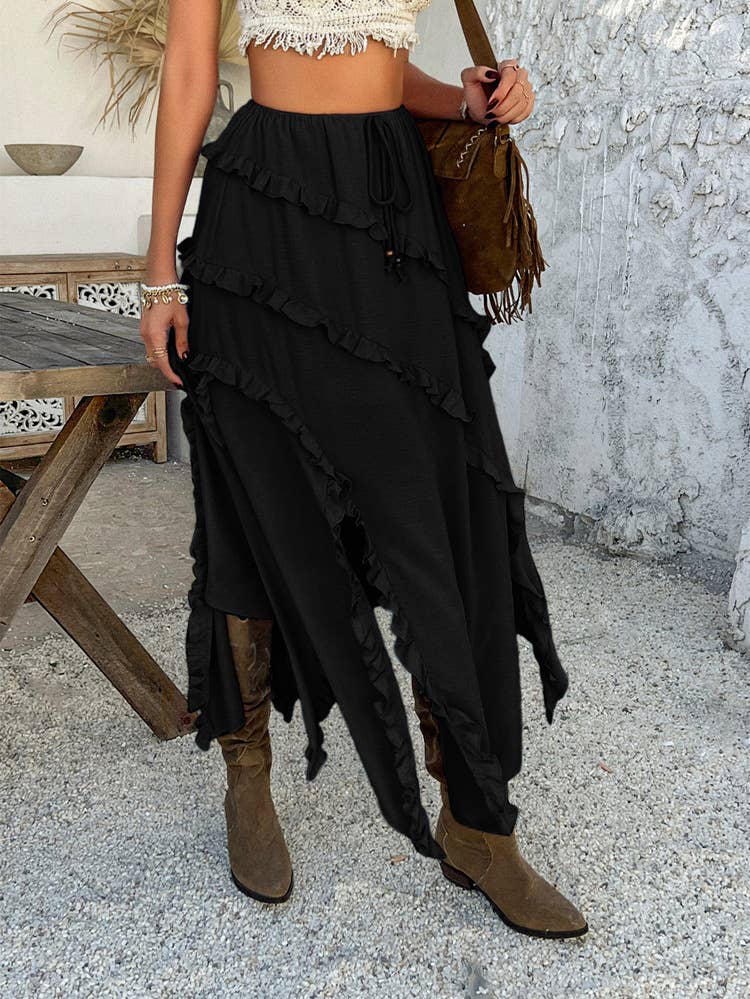 Solid Color Lace-Up Waist Draw-In Split Skirt