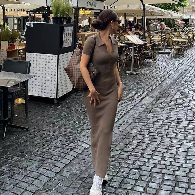 Temperament Trend Lapel Short-Sleeved Slit Dress