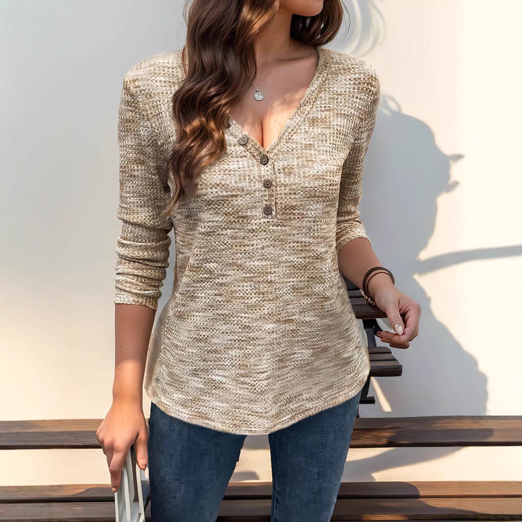 Womens Long Sleeve V-Neck Solid Color T-Shirt
