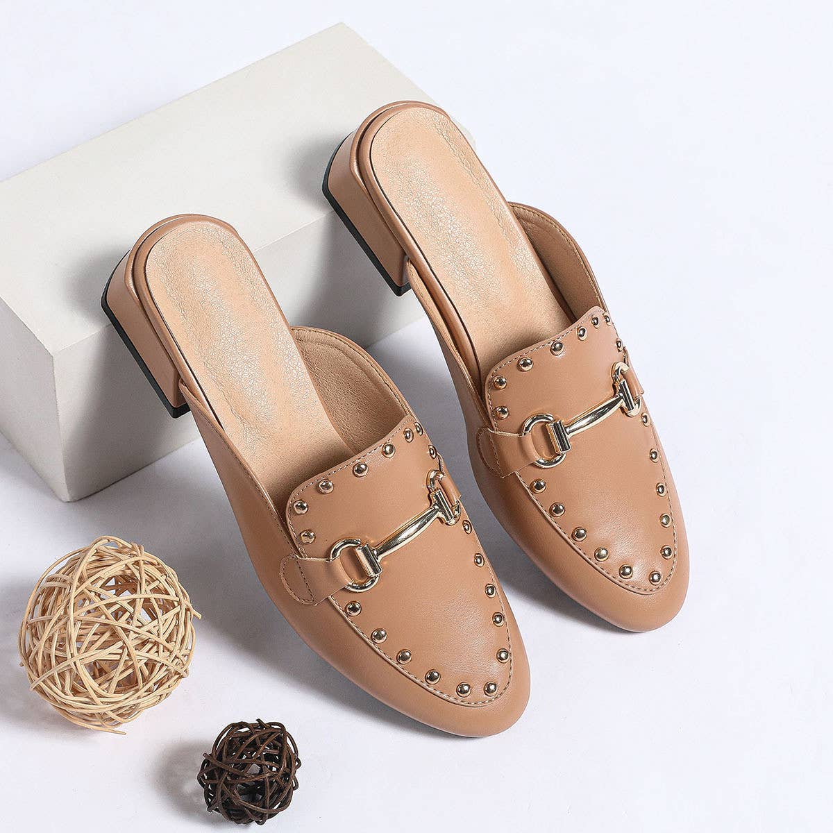 Versatile Mid-Heel Round Head Rivets Mules