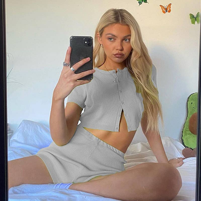 Sporty Single-Breasted Cardigan And Shorts Set